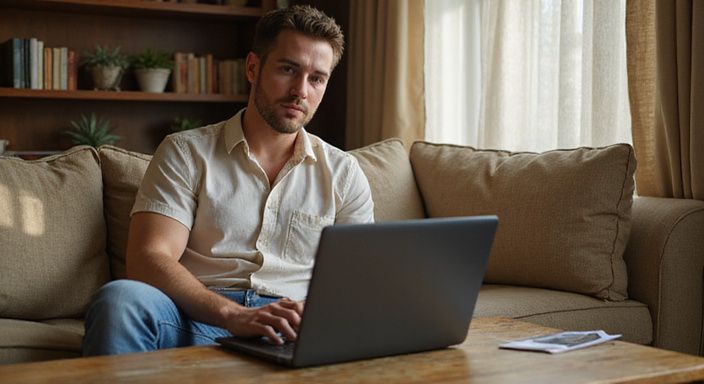 Een persoon kijkt gefocust op een datingplatform op hun laptop. Een persoon kijkt gefocust op een datingplatform op hun laptop en zoekt sexcontact met allochtone transgender vrouwen.