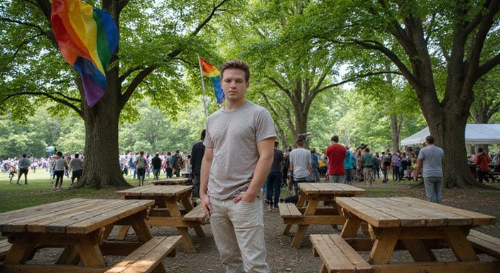 Gemeenschapsevenement in park met kleurrijke LGBTQ+ vlaggen en gezellige sfeer. Gemeenschapsevenement in park met kleurrijke LGBTQ+ vlaggen en gezellige sfeer.