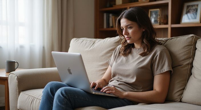 Een vrouw in een woonkamer bekijkt zorgvuldig online profielinformatie. Een vrouw in een woonkamer bekijkt zorgvuldig online profielinformatie.