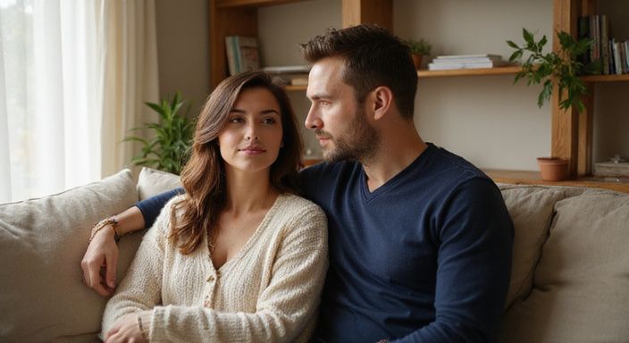 Een man en vrouw zitten dicht bij elkaar op een bank. Een man en vrouw zitten dicht bij elkaar op een bank.