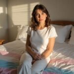 Een transgender vrouw zit op de rand van een bed met een trans vlag