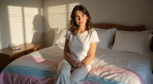 Een transgender vrouw zit op de rand van een bed met een trans vlag