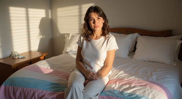 Een transgender vrouw zit op de rand van een bed met een trans vlag