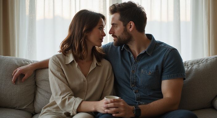 Een vrouw en man zitten dicht bij elkaar op een bank. Een vrouw en man zitten dicht bij elkaar op een bank.