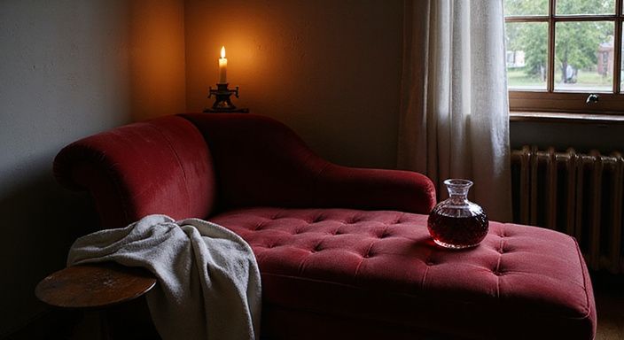 Een intieme ruimte met een luxe chaise longue en wijn. Een intieme ruimte met een luxe chaise longue en wijn.