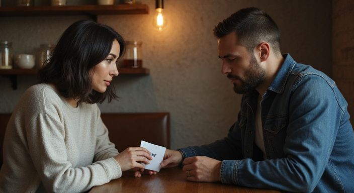 Een vrouw en man delen voorzichtig een pakketje in een café. Een vrouw en man delen voorzichtig een pakketje in een café.