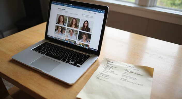 Een laptop met datingreviews naast een handgeschreven lijst van voor- en nadelen. Een laptop met datingreviews naast een handgeschreven lijst van voor- en nadelen.