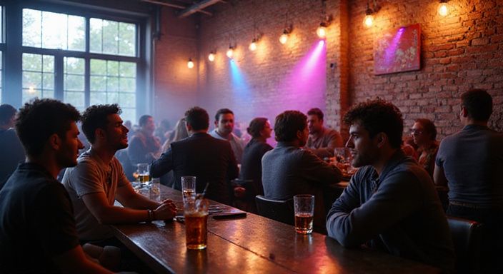 Drukke LGBTQ+-club in Amsterdam met een diverse, levendige menigte. Drukke LGBTQ+-club in Amsterdam met een diverse, levendige menigte.