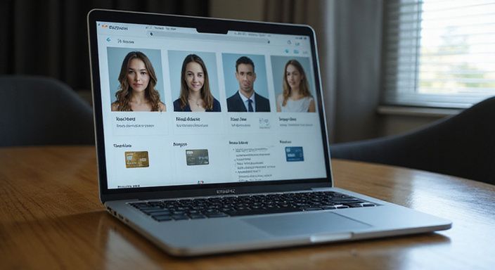 Laptopscherm toont een veilig online platform met gebruikersprofielen en betalingsopties. Laptopscherm toont een veilig online platform met gebruikersprofielen en betalingsopties.