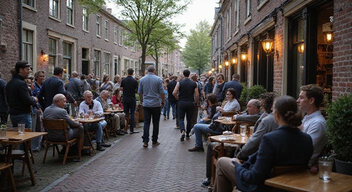 Een diverse groep mensen geniet van sociale interacties langs een Amsterdamse gracht. Een diverse groep mensen geniet van sociale interacties langs een Amsterdamse gracht.