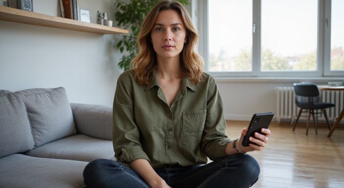 Een transgender vrouw zit op een moderne bank met een smartphone. Een transgender vrouw zit op een moderne bank met een smartphone en wil shemale sexdate in Amsterdam.