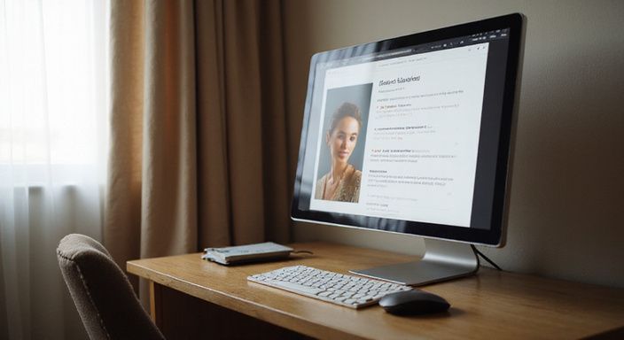 Een huiselijke werkruimte met een computer en een profielpagina. Een huiselijke werkruimte met een computer en een profielpagina van een shemale sexdate in Amsterdam.