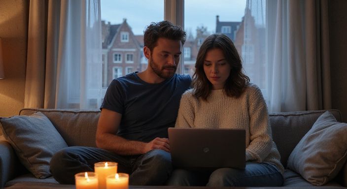 Een man en vrouw zitten samen ontspannen op een bank. Een man en vrouw zitten samen ontspannen op een bank.