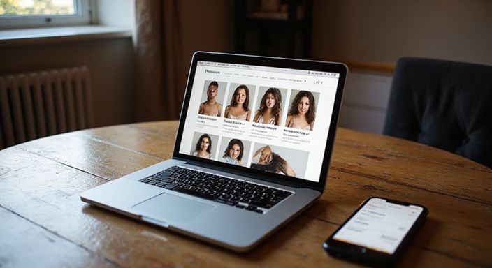 Een laptop toont een website met escortprofielen op een bureau. Een laptop toont een website met escortprofielen op een bureau.