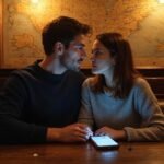 Een man en vrouw delen een intiem moment in een bar