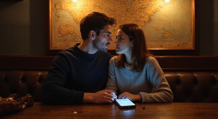 Een man en vrouw delen een intiem moment in een bar. Een man en vrouw delen een intiem moment in een bar tijdens hun shemale sexdate in Amsterdam.