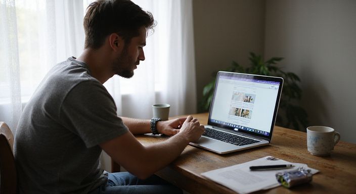 Een persoon zit achter een bureau, geconcentreerd op een datingwebsite. Een persoon zit achter een bureau, geconcentreerd op een datingwebsite voor een shemale sexdate in Amsterdam.