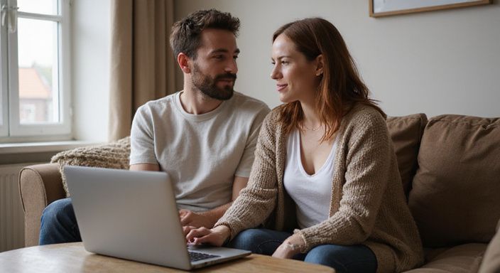 Een man en vrouw hebben een betrokken gesprek op de bank. Een man en vrouw hebben een betrokken gesprek over een shemale sexdate in Amsterdam op de bank.