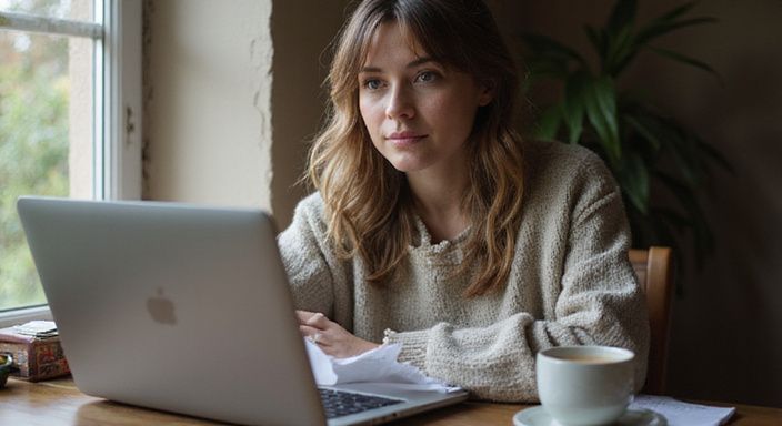 Een vrouw werkt geconcentreerd aan haar laptop met een koffie. Een vrouw werkt geconcentreerd aan haar laptop met een koffie.