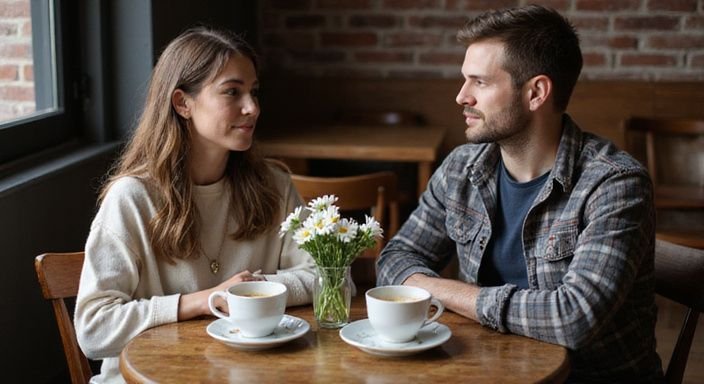 Een stel geniet van koffie aan een houten tafel in een café. Een stel geniet van koffie aan een houten tafel in een café.