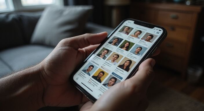 Een smartphone toont levendige profielfoto's en leesbare biografieën. Een smartphone toont levendige profielfoto's en leesbare biografieën.
