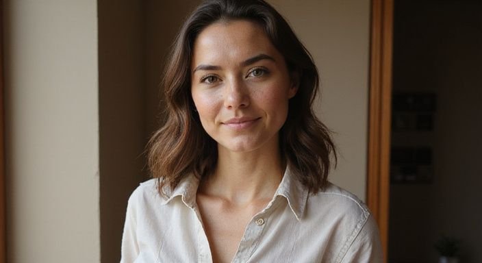 Portret van een vrouw met een natuurlijke, ontspannen uitstraling in een blouse. Portret van een vrouw met een natuurlijke, ontspannen uitstraling in een blouse.