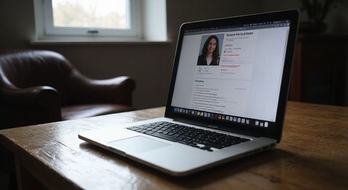 Een laptop toont een datingprofiel met negatieve opmerkingen op een bureau. Een laptop toont een datingprofiel met negatieve opmerkingen op een bureau.