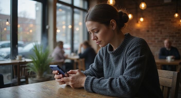 Een transvrouw in een café kijkt naar haar telefoon. Een transvrouw in een café zoekt op haar telefoon naar tips voor een shemale datingprofiel.