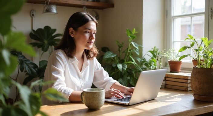 Vrouw typt ontspannen aan een houten bureau in een huiselijk kantoor. Vrouw zoket aan een houten bureau naar tips voor een shemale datingprofiel.