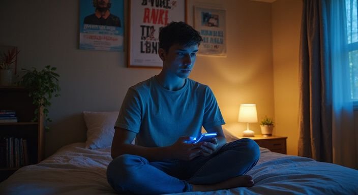 Een jongvolwassene zit peinzend op een bed in een kleine kamer. Een jongvolwassene zit peinzend op een bed in een kleine kamer.