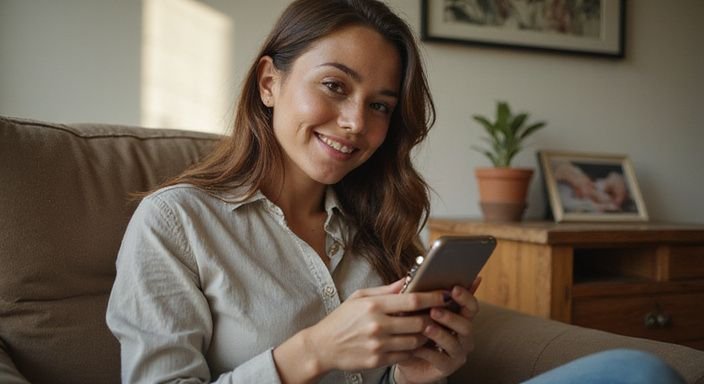 Een transgender vrouw scrollt op haar smartphone in een gezellige kamer. Een transgender vrouw scrollt op haar smartphone in een gezellige kamer.