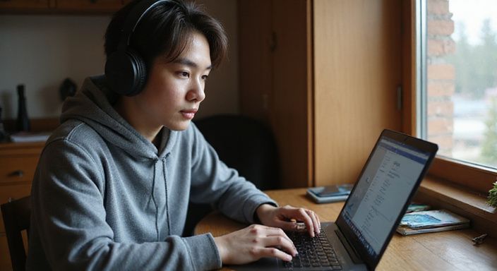 Een niet-binaire persoon typt geconcentreerd op een laptop aan een bureau.