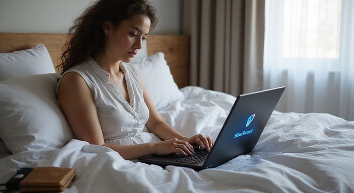 Een modern slaapkamer met een laptop en privacytools op het nachtkastje.