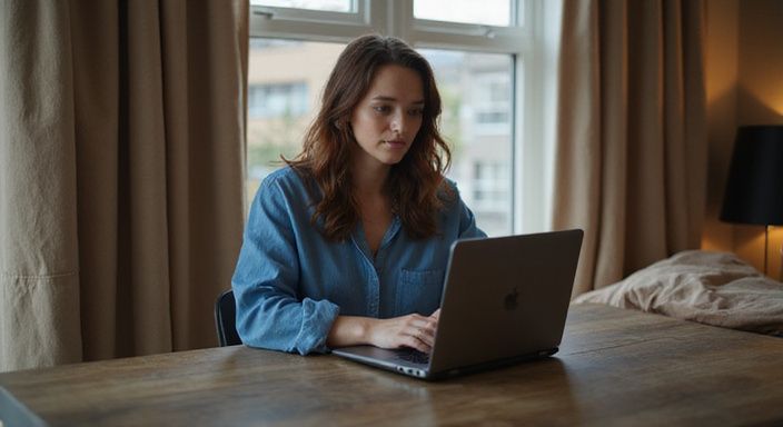 Een vrouw in een informele stijl zit gefocust achter haar laptop.