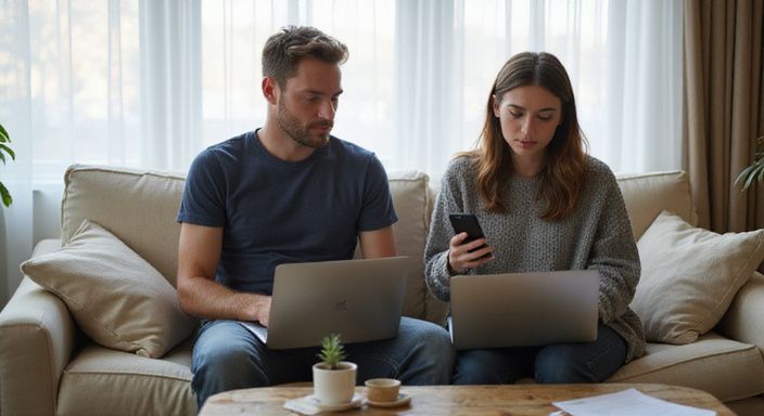 Een stel zit comfortabel op de bank, gericht op hun laptops.
