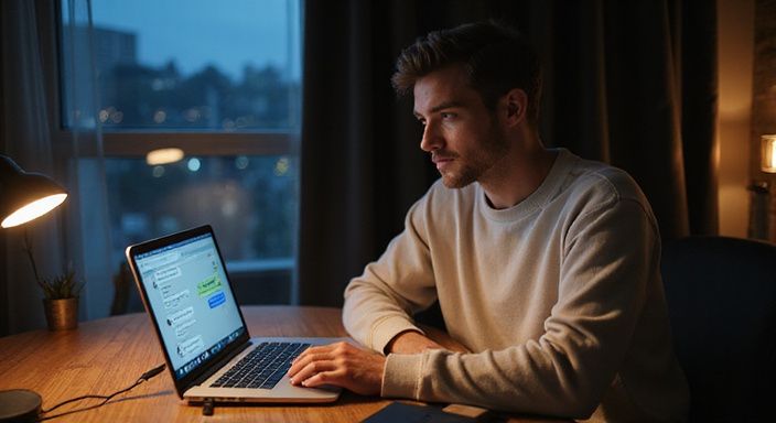Een persoon in een sweatshirt houdt zich bezig met een laptop en gaat sexchatten met transgenders.