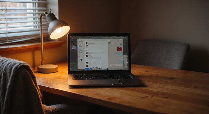 Een houten bureau met een laptop en een gezellige stoel.