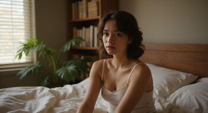 Een jonge transgender vrouw zit ontspannen in een sfeervolle slaapkamer.