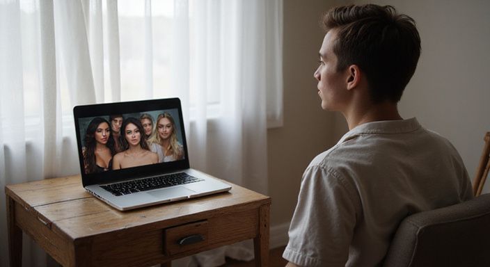 Een persoon kijkt aandachtig naar een live webcamperformance in een slaapkamer.