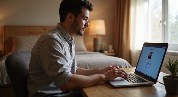 Een persoon zoekt op een laptop naar Trans Webcamsex.