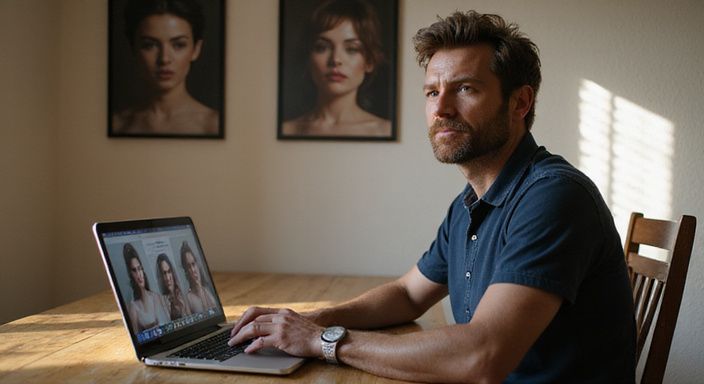 Een man zit ontspannen achter een laptop in een sfeervolle kamer.