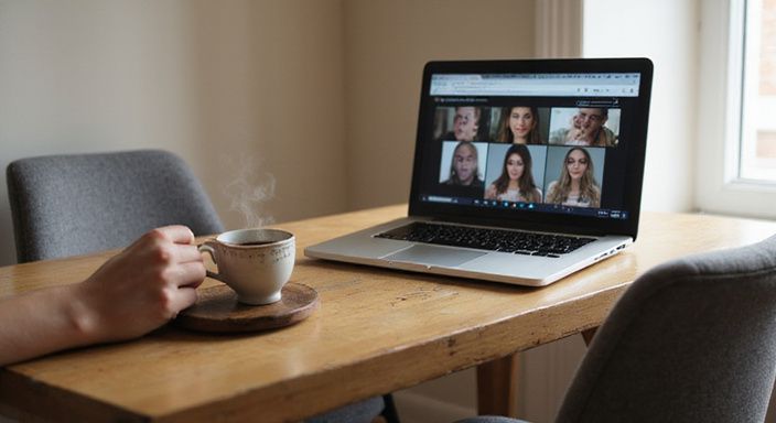 Een houten bureau met een laptop met profielen voor Trans Webcamsex.