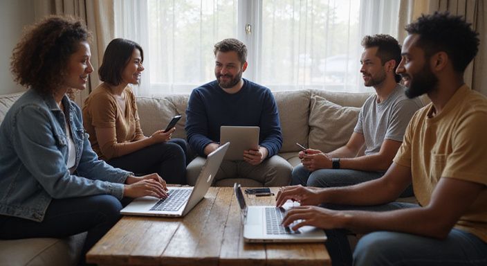 Groep mensen in een woonkamer, verdiept in online chats voor Trans Webcamsex.