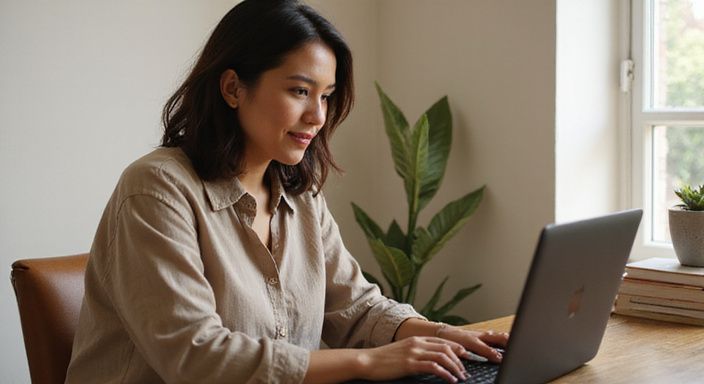 Een transgender vrouw werkt ontspannen in haar moderne thuiskantoor en zoekt naar Trans Webcamsex.
