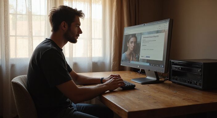 Een persoon aan een bureau in een bescheiden, sfeervolle kamer.