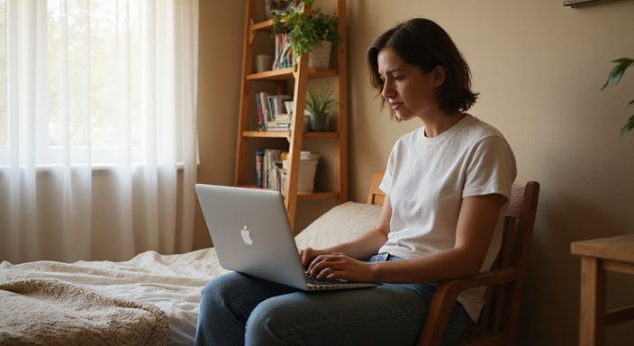 Een transgenderpersoon zit ontspannen op een houten stoel met een laptop.