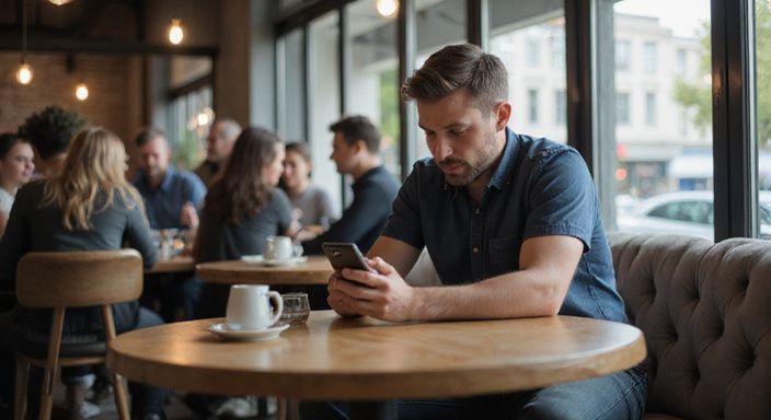 Een persoon voelt zich alert terwijl hij naar zijn smartphone kijkt.