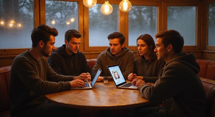 Een groep jonge volwassenen bespreekt datingapps in een koffiehuis.