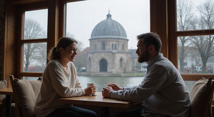 Een man en een vrouw delen een intiem moment in een café.
