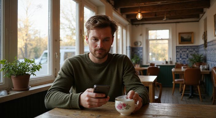 Een man scrollt door een datingapp voor transgender sexcontact Friesland in een gezellig café.